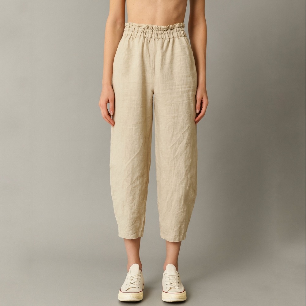 LenokLINEN tan flax Linen Lantern Pants Turkish‎ Style Relaxed Fit Size Medium